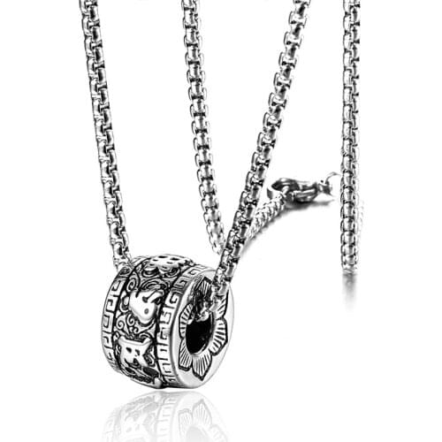 Six-Words Mens Necklace Cylindrical Pendant Vintage Mantra Buddhist Necklaces Stainless Steel Lucky Amulet Male Jewelry