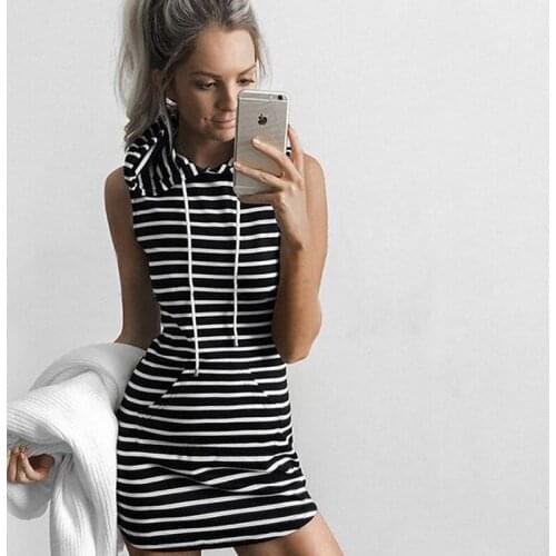 New Arrval Fashion Hooded Dress Women Summer Sleeveless Slim Stripe Dress For Women Fashion Clothing