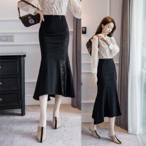 Office Lady Skirts Women Solid Zipper Lace Bodycon Skirts Ladies Fashion Casual Mid Calf High Waist Jupe Bottoms Y273