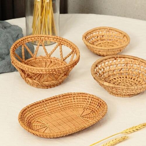 Rattan Woven Tray Convenience Store Handmade Round Basket Food Craft Rattan Tray for Food Fruit Storage FU
