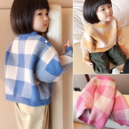 Little Girls Casual Plaid Knitted Sweater Childrens Round Neck Collar Loose Pullovers Spring Fall Baby Kids Short Knitwear B57