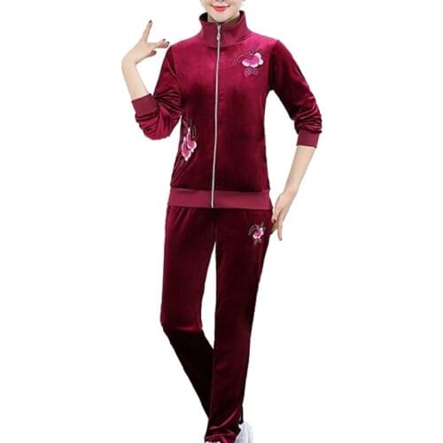 Casual Women 2 Piece Gold Velvet Tracksuit Set Floral Embroidery Zip Up Velour Jacket Drawstring Joggers Pants Two Piece Outfit