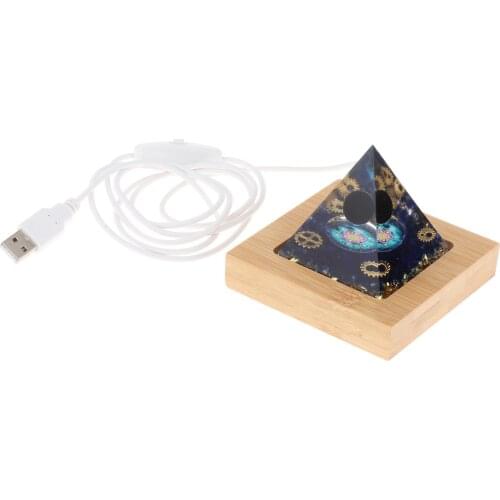 Crystal Orgone Pyramid Large 60MM with Wooden Base LED Light Blue Crystal EMF Protection Energy Generator for Meditation