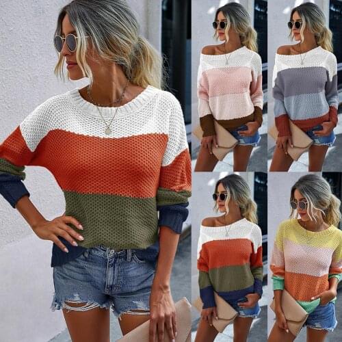 Turtleneck sweater autumn winter Fashion Women Color Block Long Sleeve Knitted Sweater Casual O Neck Outerwear Pullovers female