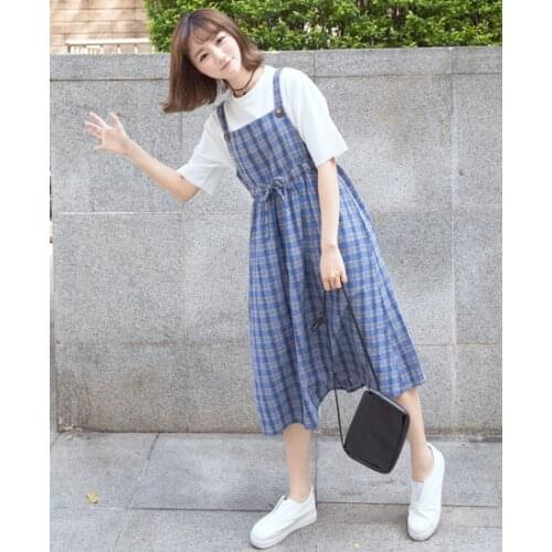 Mori Girl Plaid Checks Suspender Dress Long Mid-calf Length Casual Linen Summer Cute Jumper Dress 2 Colors