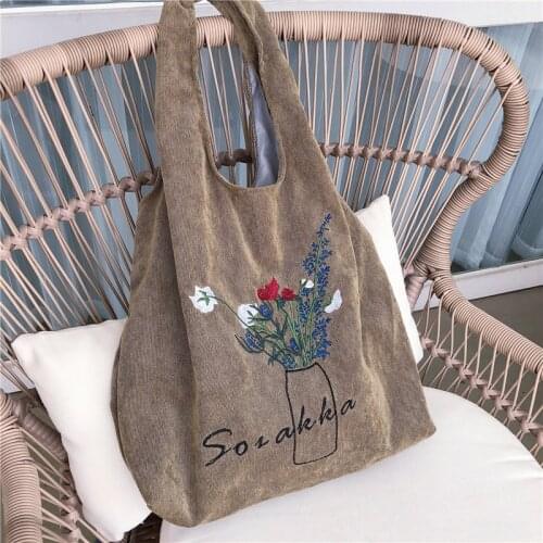 Corduroy Totes Handbags for Women 2021 Fashion Girls Female Shoppers Casual Pure Color Large Capacity Embroidered Shoulder Bags