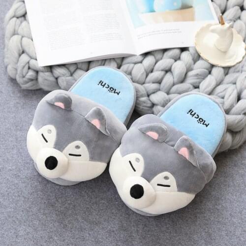 2020 Hot Sale Women Home Shiba Inu Slippers Winter Warm Shoes Husky Slip on Flats Slides Female animal Slippers Women Shoes