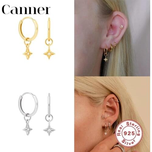 Canner 925 Sterling Silver Earrings For Women Four Pointed Star Inlaid Diamond Zircon Earrings Hoops Fine Jewelry Pendientes W5