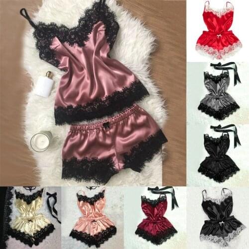 2021 New Women Bow Sleepwear Sleeveless Strap Nightwear Lace Trim Satin Cami Top Pajama Sets femme sexy lingerie pyjamas women