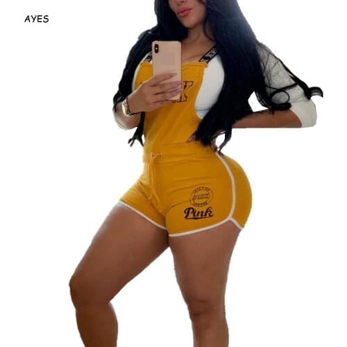 Pink Letter Playsuits Rompers Women Short Overalls New Slim Skinny Drawstring Playsuit Bodysuits Female 2020 Romper Clubwear New