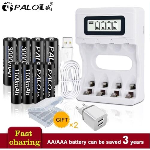 Intelligence Battery Charger LCD Display For NiCd Ni-Mh AA AAA Rechargeable Battery+4pcs AA Batteries+4pcs AAA Batteries+EU Plug