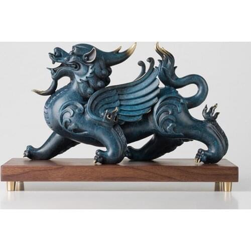 10.6inches Chinese Art Deco Pure Brass Foo Dog Lion Dragon Kylin Animal Art sculpture Decoration Home Furnishings Gift Statue