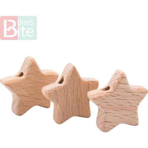 Bite Bites 10pc Baby Beech Wooden Teether With Hole Bead Star Rodent DIY Pacifier Chain Nursing Necklace Bracelet Children Goods