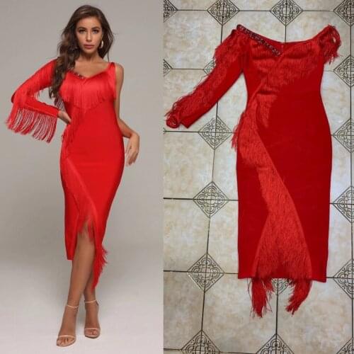2021 New Hot Red Tassels High Quality Rayon Bandage Dress Sexy One Sleeve Elegant Evening Sexy Party Knee Length Dress