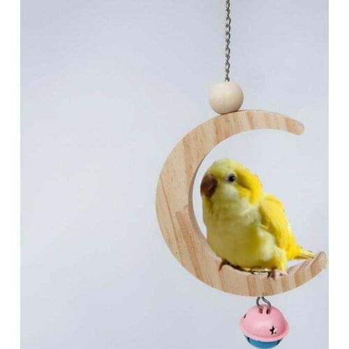 2021 Newest Hot Sales Pet Bird Parrot Parakeet Budgie Hammock Cage Hut Wood Moon-Shaped Swing Wooden Molars Bells Bird Supplier