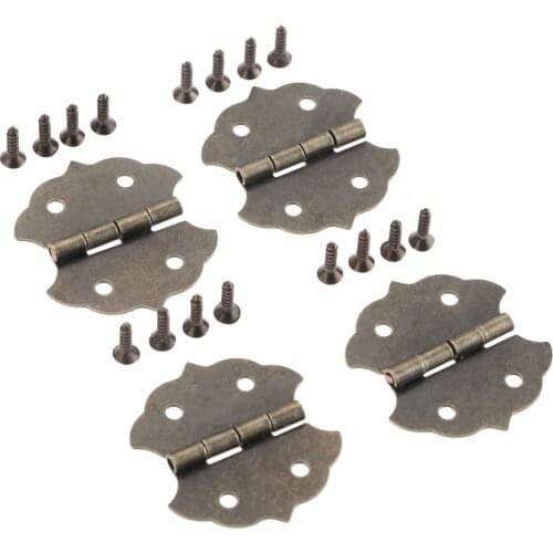 4pcs Flat Hinges +16 screws Lace Shape Antique bronze 29*31mm 4 Holes Furniture Chest Wood Jewelry Box Wine Case Retro Decor