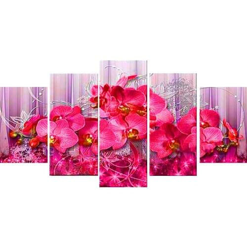 5 Panel Diamond painting Pink Orchid Flowers,5d diamond mosaic,Cross stitch, rhinestone embroidery art diamond Home Art,I3