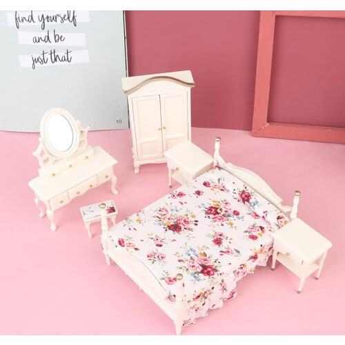 6Pcs/set 1:12 Dollhouse Miniature Bedroom Furniture Dolls Double Bed Wardrobe Dresser