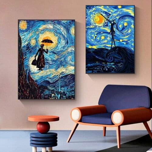 Abstract Funny Van Gogh Starry Night Canvas Painting Art Posters and Prints Wall Art Pictures Famous Painting for Living Room