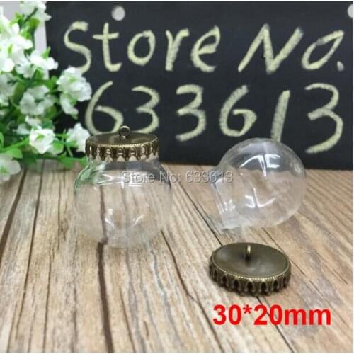 Free ship!! 50sets/lot 30*20mm glass globes with bronze crown findings with ring set glass bubble DIY vial pendant glass orbs