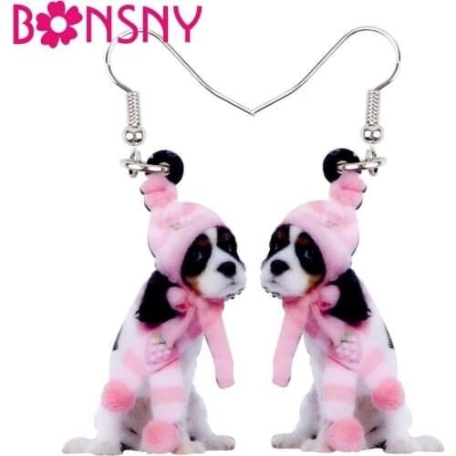 Bonsny Acrylic Lovely Pink Cavalier King Charles Spaniel Dog Earrings Big Long Dangle Drop Women Girl Ladies Teen Gift Wholesale