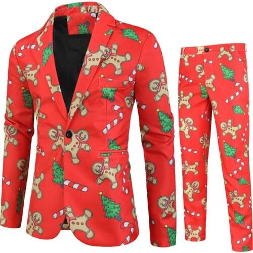 Mens tight Christmas print suit, the premiere is 3XL mens suit 2 pieces graduation party suit design peak