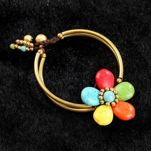 European and American Bohemian Personality Fashion Womens Bracelet Copper Tube Turquoise Hand-woven Creative Female Bangle