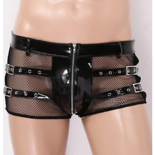 Hot Mens Latex Booty Shorts Underwear Sheer Fishnet Splice Wetlook Leather Zip Up Boxer Shorts Sissy Gay Club Pole Dance Costume