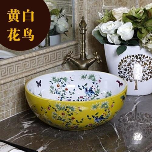 China Painting bird and flower Ceramic Sinks Counter Top Wash Basin vanities Bathroom Sink vessel ceramic round wash basin