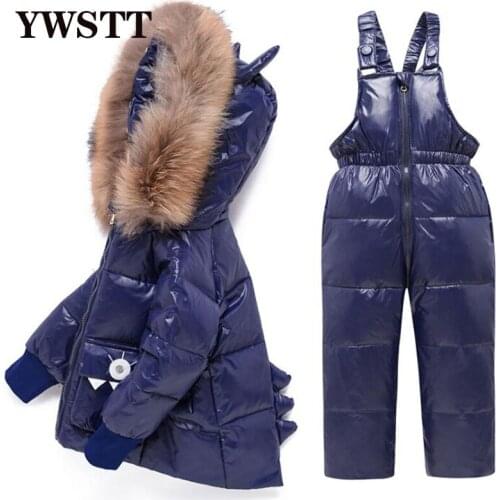 Russia Winter Childrens Clothing Sets Boys Girls Suit Kids Dot White Dark Down Coat +Trousers Waterproof Warm Snowsuit