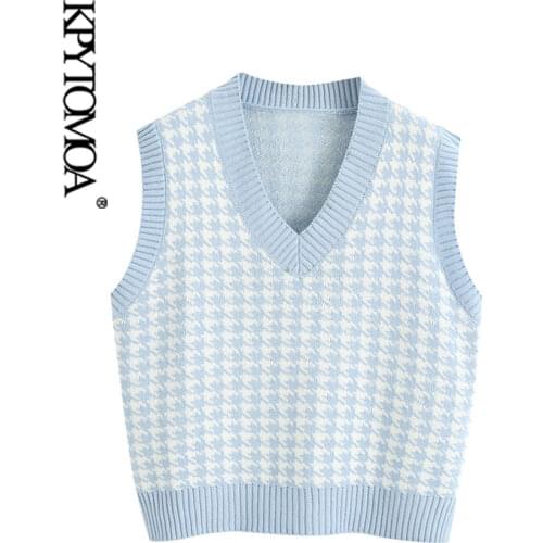 KPYTOMOA Women 2020 Fashion Houndstooth Loose Knitted Vest Sweater V Neck Sleeveless Side Vents Female Waistcoat Chic Tops
