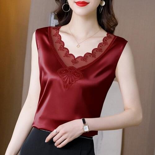 Summer Womens Tank Tops 2021 Sleeveless Satin Top Women Fashion Lace V-neck Camis Solid Casual Vest Loose 4XL