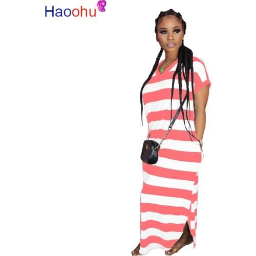 HAOOHU fashion striped print women short sleeve v-neck side split slim maxi dress party beach casual long dresses vestidos