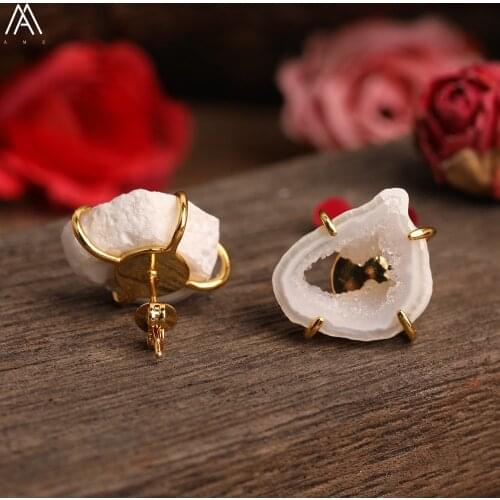 Fashion Geode Gold Ear Studs Jewelry Natural White Druzy Agates Slab Beads Stud Earrings For Femme Women Boho Earrings Jewelry