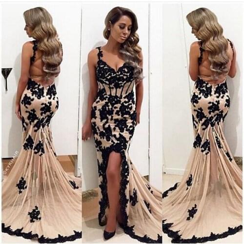 2016 new style sweetheart champagne and black lace mermaid open back prom dresses gowns long high slit hottest formal dresses