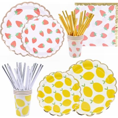 Strawberry Disposable Tableware Lemon Pattern Paper Plates Cups Straws for Wedding Birthday Party Decor Paper Tableware Supplies
