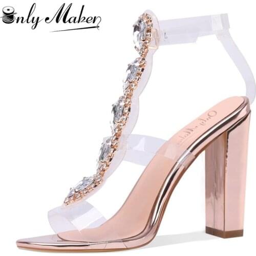 Onlymaker Womens Block Chunky High Heels Sandals Clear Strap Open Toe Sexy Rhinestones Sandals Large Size US5-15