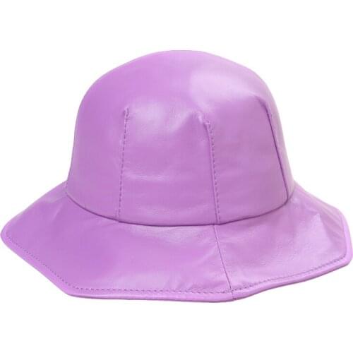 Autumn And Winter Womens Leather Basin Hat With Ruffle Dome Casual Fashion Sheepskin Color Leather Fisherman Caps