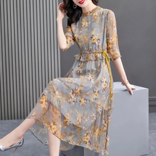 Fashion Female High Waist Dress 100% Genuine Silk Womens Summer Dress Slim Elegant Long Dress Boho Dress Robe Zjt2584