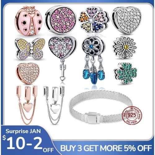 100% 925 Sterling Silver Timeless Sparkling Clip Charms Fit Original 3mm Reflexions Bracelet Making Fashion DIY Jewelry