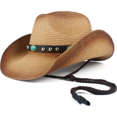 New Women Men Hollow Western Cowboy Hat Lady Summer Straw Turquoise Belt Sombrero Hombre Beach Cowgirl Jazz Sun Hat Size 57-59CM