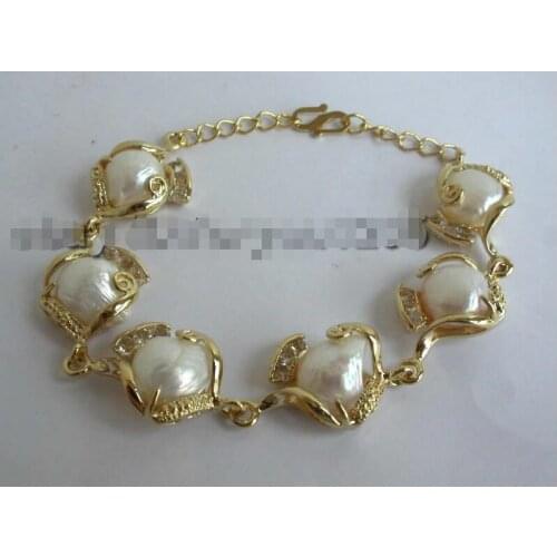 Prett Lovely Womens Wedding Genuine Natural White Baroque Pearl Bracelet Bangles Genuine freshwater Lengthened chain