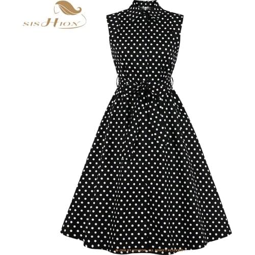 SISHION 2021 Sleeveless Polka Dots Summer Black Dress VD1921 Tunic A Line Swing Cotton Retro 50s 60s Hepburn Vintage Dresses