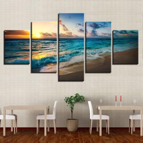 Modern Canvas Unframed HD Printed Living Room Pictures 5 Panel Sunset Seaside Wall Art Modular Painting Poster Home Decor