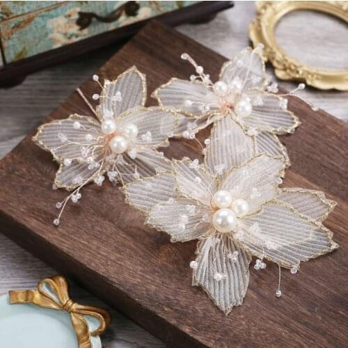 Bridal Crystal Pearl Yarn Flower Hair Clip Floral Style Barrette Bride Hair Jewelry Bridesmaid Wedding Hair Accessories