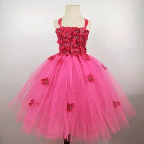 High quality rose red flower evening dress birthday party dress pretty girl costume princess party birthday gift