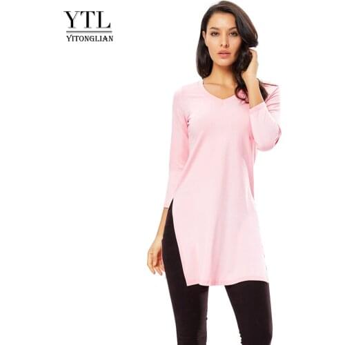 YTL Ladies Solid Tops Long Sleeve Sewing Jumper Autumn V-neck Cotton Shirt Split Hem T-shirt Dresses For Women H309