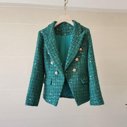 WTIANYUW 2021 New Green Design Women Vintage Plaid Jacket Elegant Luxury Quality Skinny European Retro Tweed Blazer