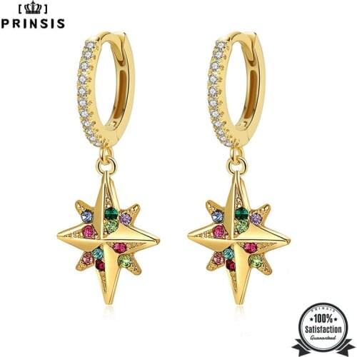 PrinSis Women Fashion Earring Sweet Fashion Gold Star CZ Charms Hoop Earrings Birthday Gift For Girls Korean Jewelry DJ280