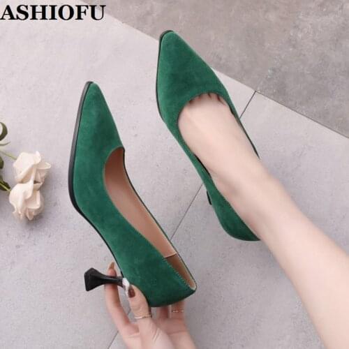 ASHIOFU Handmade Womens High Heels Pumps Faux-suede Slip-on Sexy Shoes Party Prom Fashion Slip-on Court Shoes For Evening Club